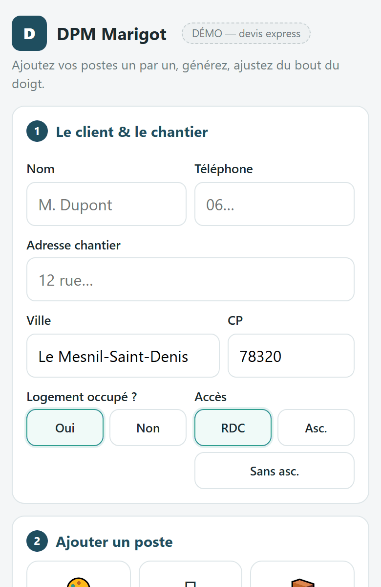 Formulaire de demande de la démo ASap Devis sur téléphone : client, chantier, postes de travaux